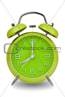 Green alarm clock with hands at 8 am or pm