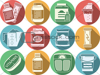 Flat colored vector icons for sports nutrition