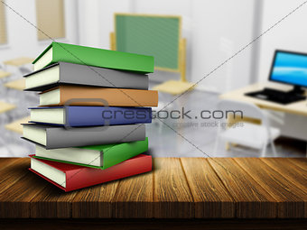 Wooden table and books with defocussed classroom image