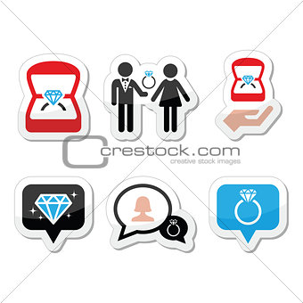 Engagement, diamond ring in box vector icons set
