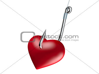 Red heart on the fishing hook