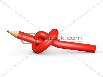 Red pencil tied in a knot on a white background