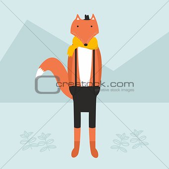 animal vector portrait, fox in bowler hat