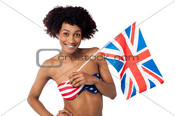 United Kingdom supporter in American flag bikini