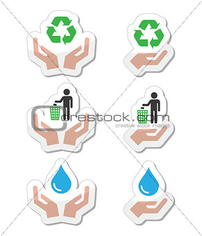 Hands with green, ecology symbols icons set