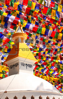 Stupa with Buddha eyes and prayer flags, Kathmandu, Nepal