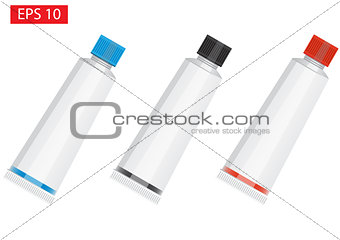 Three Tube Of Toothpaste, Cream Or Gel - black, blue and red. Ready For Your Design. Product Packing Vector EPS10