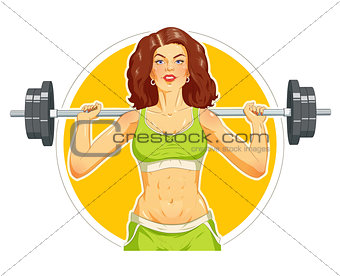 Girl doing fitness exercise with barbell