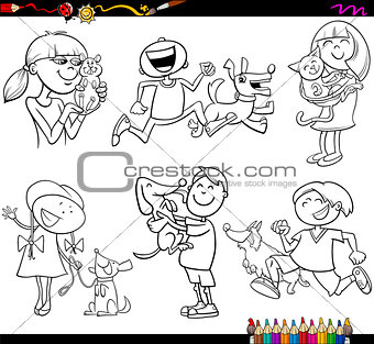 kids and pets set coloring page