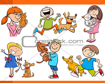 kids with pets cartoon set