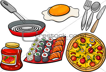 kitchen and food objects cartoon set