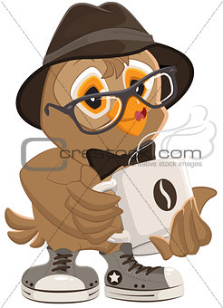 Hipster owl hat and sunglasses drinking hot coffee