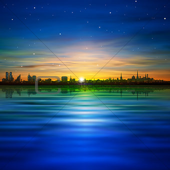 abstract background with panorama of city and sunrise
