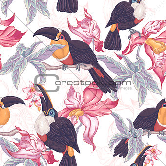 Tropical Seamless Background with Exotic Flowers and Toucan, 