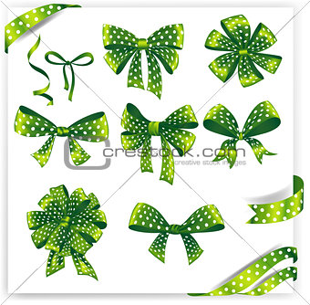 Set of green polka dot gift bows with ribbons.