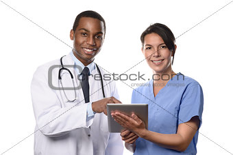 Two medical colleagues consulting a tablet-pc