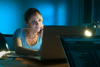 Disappointed Frustrated Woman Working On PC At Night