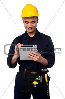 Field worker accessing touch pad