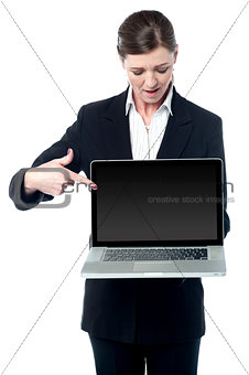 Saleswoman pointing at screen of new laptop