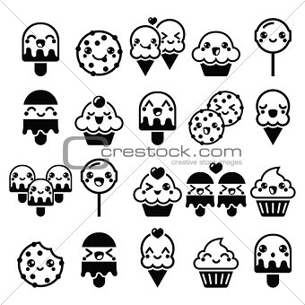 Cute Kawaii food characters - cupcake, ice-cream, cookie, lollipop icons