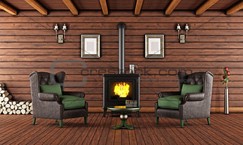 Wooden house with cast iron fireplace