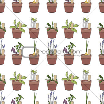 Seamless pattern with herbs and vegetables in flower pots. Simple soft colors, contour.