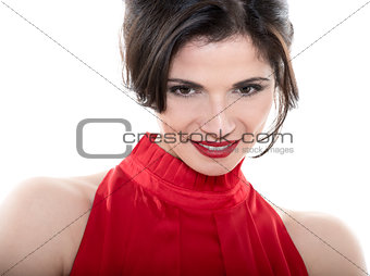 beautiful smiling caucasian woman  looking down portrait