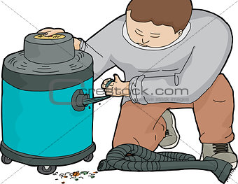 Man Unclogging Wet-Dry Vacuum