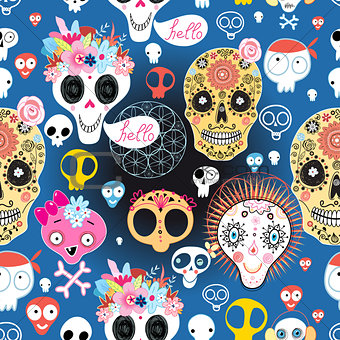 Festive pattern of funny skulls