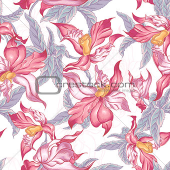 Tropical Seamless Background with Exotic Flowers
