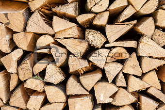 Background of chopped firewood stacked up on top of each other