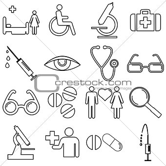 Collection flat icons with long shadow. Medicine symbols. Vector