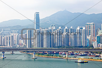 high speed train bridge in hong kong downtown city