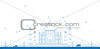 Outline Taj Mahal with Tree and cow. Front view