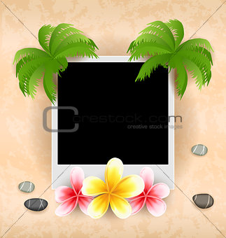 Empty photo frame with palm, flowers frangipani, sea pebbles