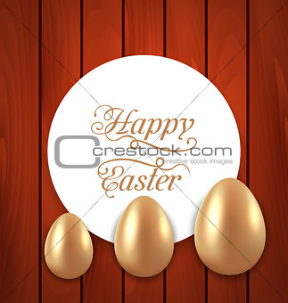 Celebration card with Easter golden eggs on wooden red backgroun