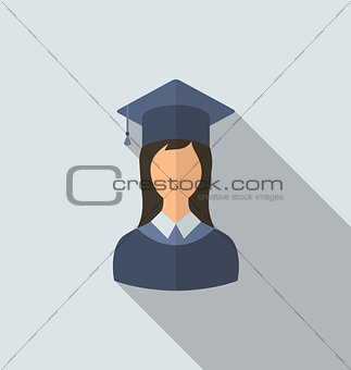 Flat icon of female graduate in graduation hat, minimal style wi