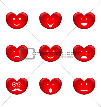 Set of smiles of heart shape with many emotions, isolated on whi