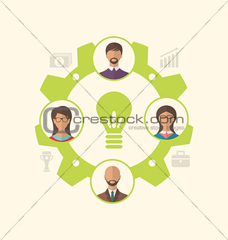 Idea of teamwork and success, business people enclosed in cogwhe