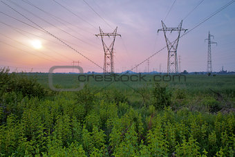 Sunset over High-voltage power lines