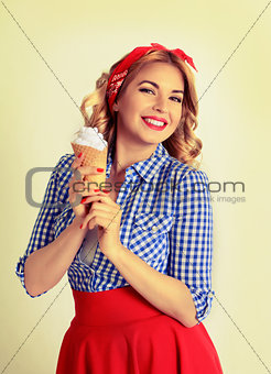 Happy woman eating ice cream,isolated on white