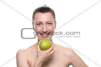 Pretty Woman Holding Green Apple Against White
