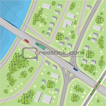 The map with driving directions. Top view