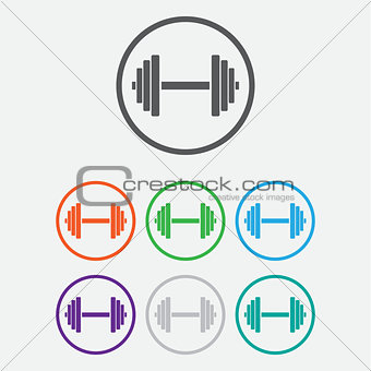 Sports gym equipment. Dumbbell - Vector icon isolated. Round buttons with frame. Vector
