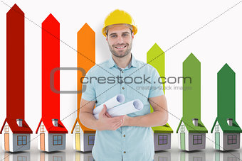 Composite image of happy male architect holding blueprints