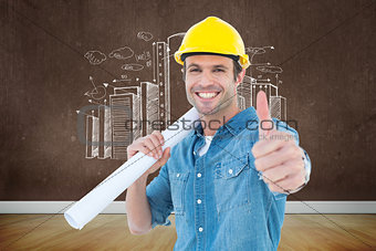 Composite image of architect holding blueprint while gesturing thumbs up