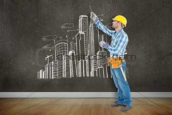 Composite image of construction worker using measure tape