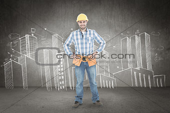 Composite image of confident repairman standing with hands on hips