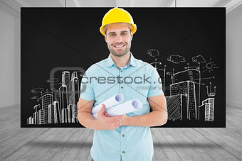 Composite image of happy male architect holding blueprints