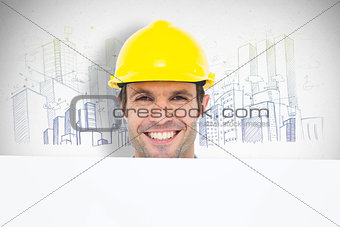 Composite image of happy architect with bill board over white background